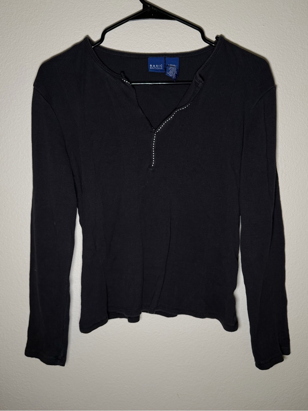 Vintage Y2K Basic Editions Black Ribbed Henley Style Top Comfy Loungwear Large